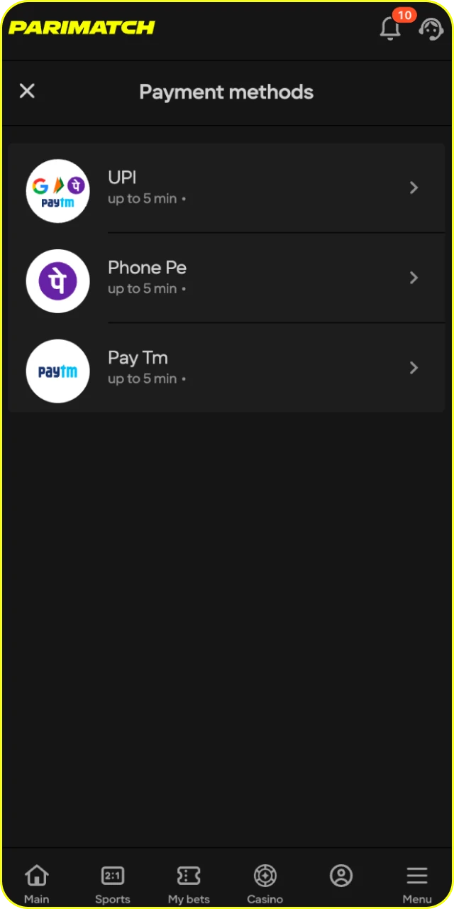 Make a deposit to fund your Parimatch cricket betting wallet.