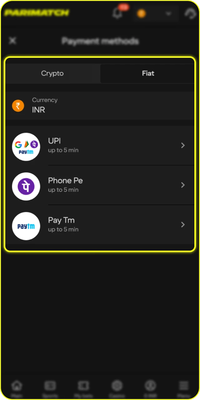 Choose a payment method and enter the amount in the Parimatch App.