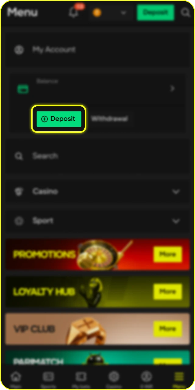 Go to the deposit section within the Parimatch India App interface.