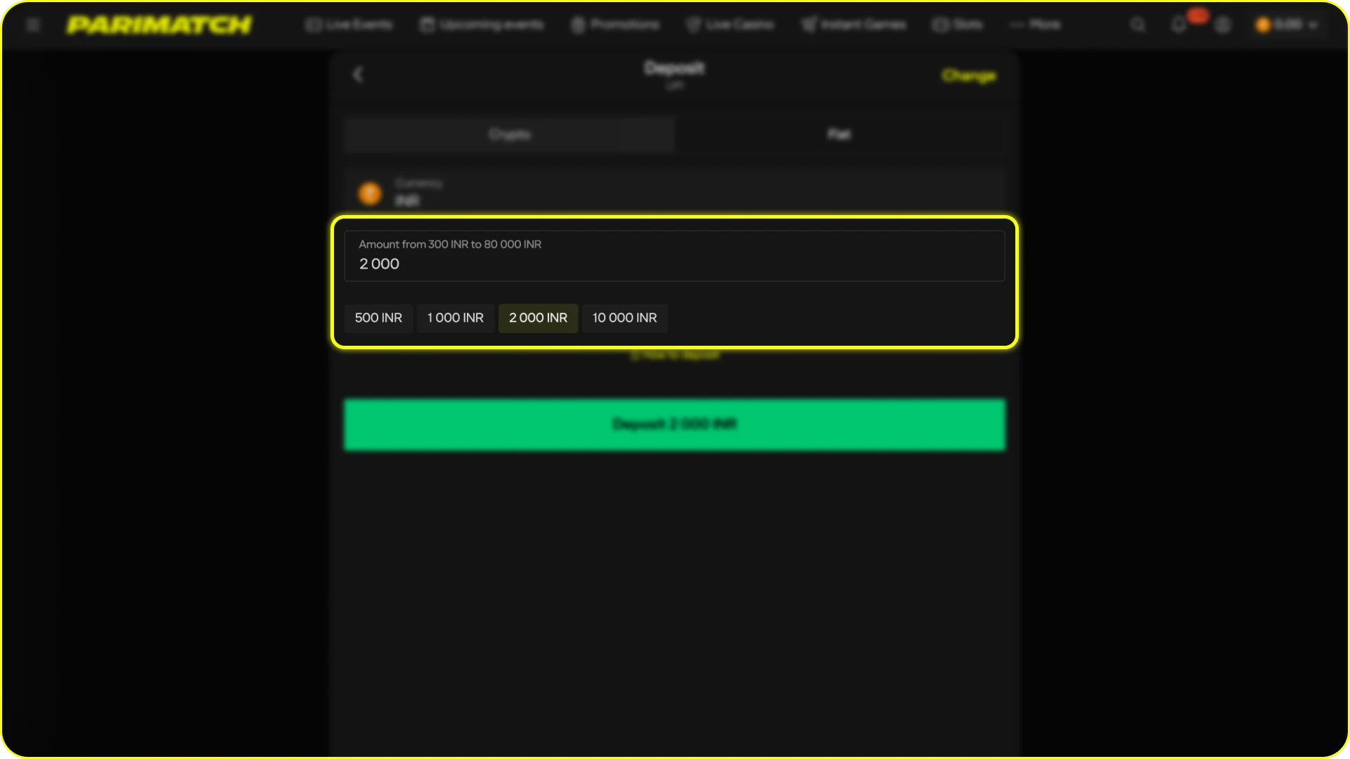 Enter the deposit amount you wish to add to your Parimatch balance.