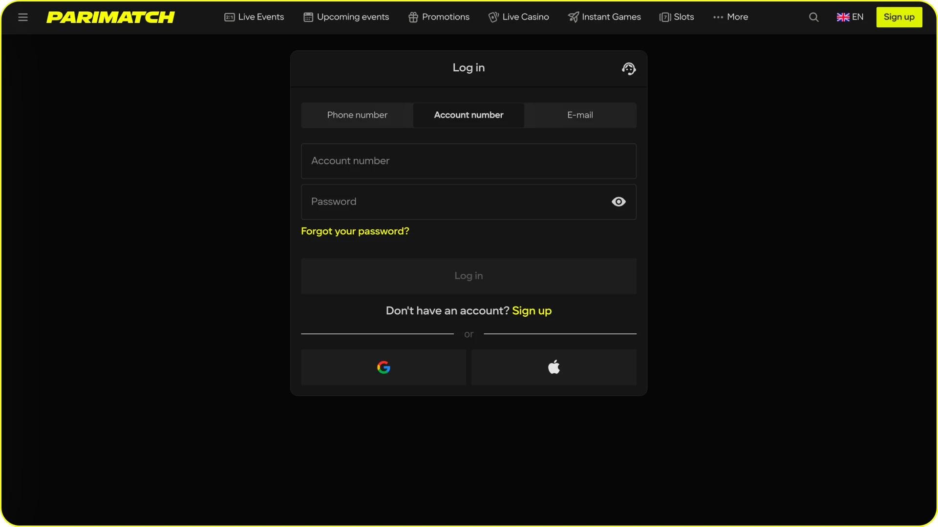 Log in to your personal account on the official Parimatch website.