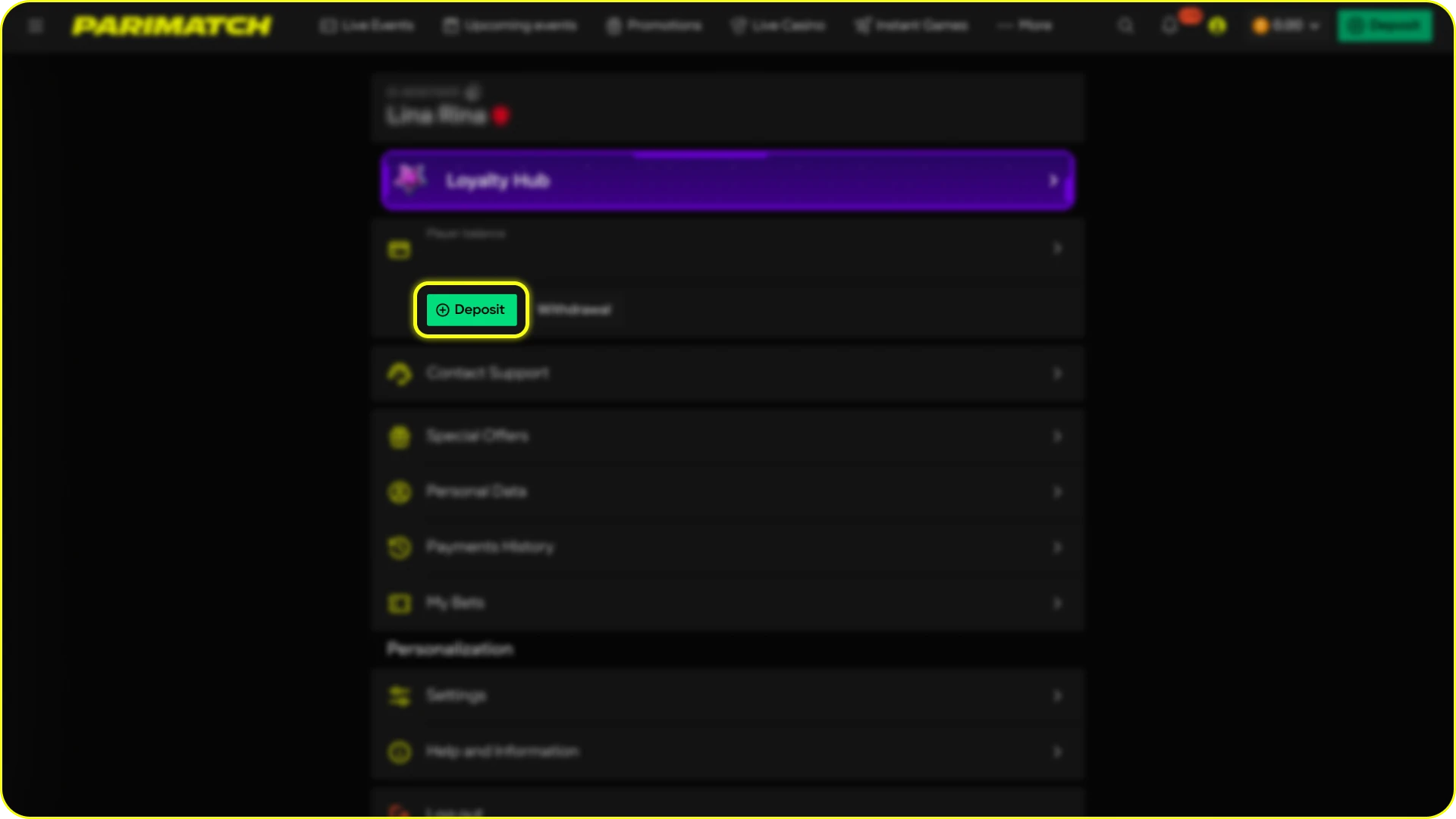 Open the deposit section located in your Parimatch profile menu.