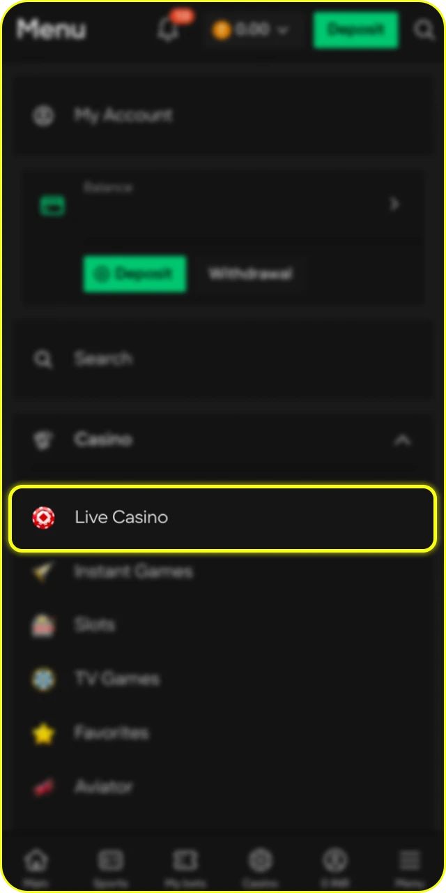 Open live casino section on the official Parimatch India website.