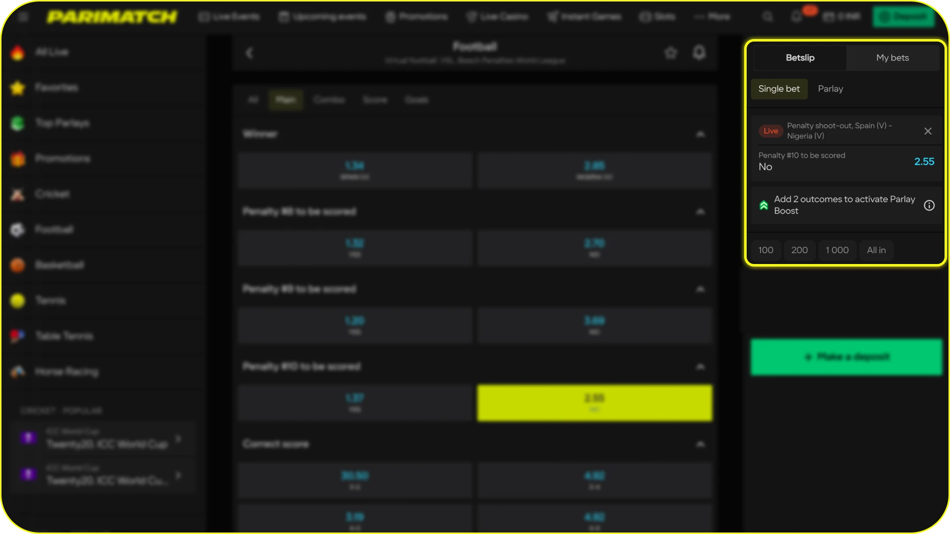 Confirm your bet on the Parimatch betting slip to win.