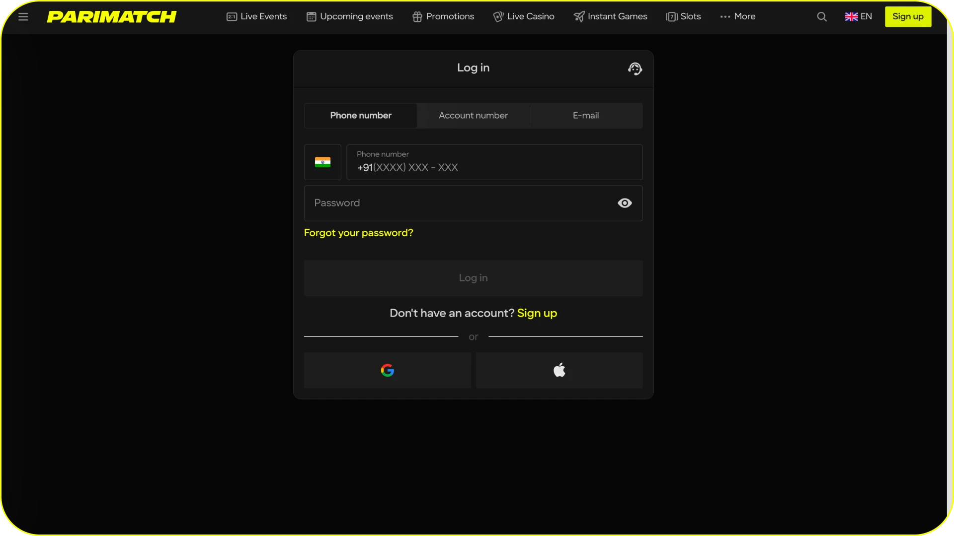 Log In to your Parimatch account to begin your betting session.