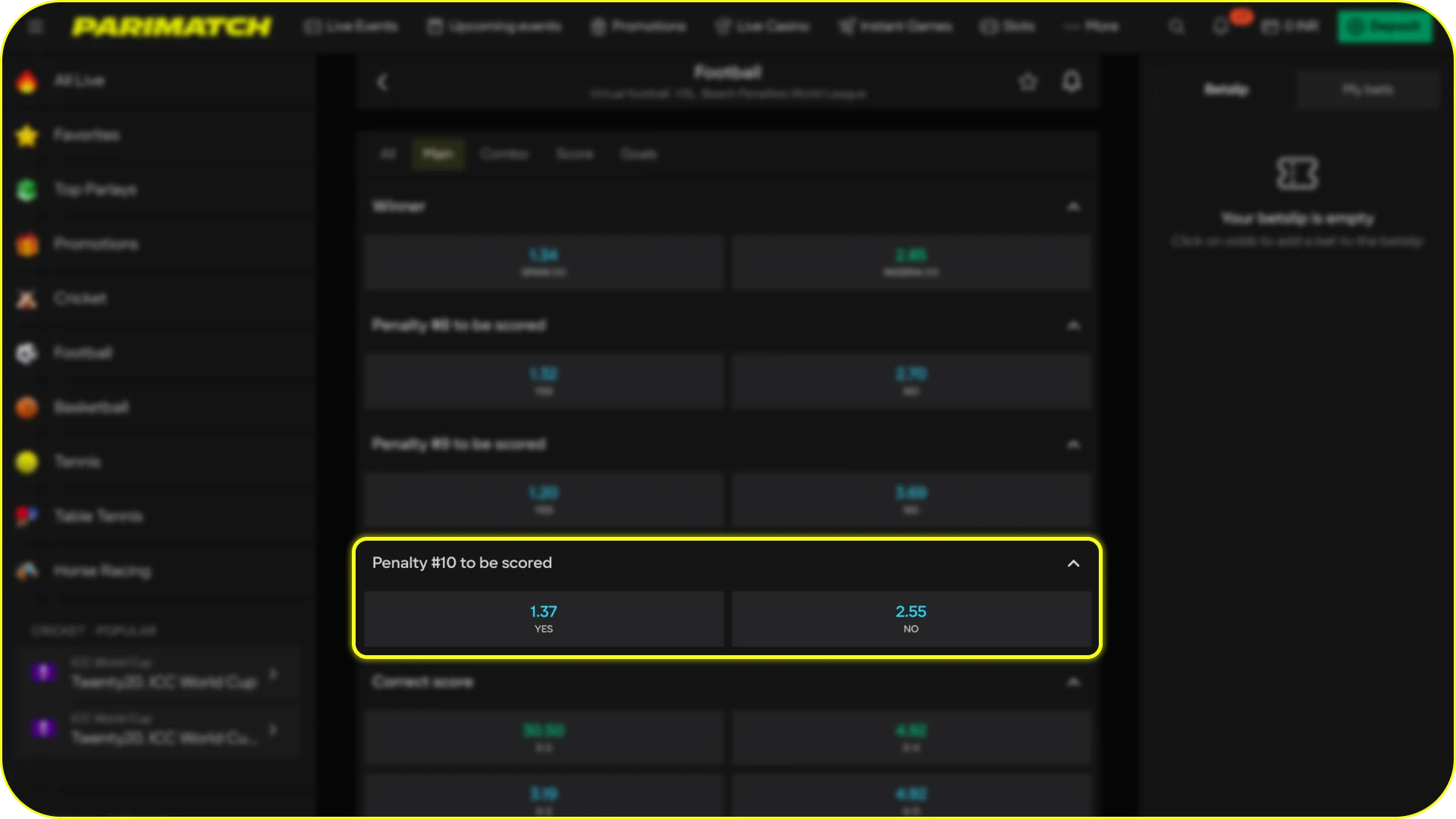 Pick your market and analyze the best Parimatch betting odds.