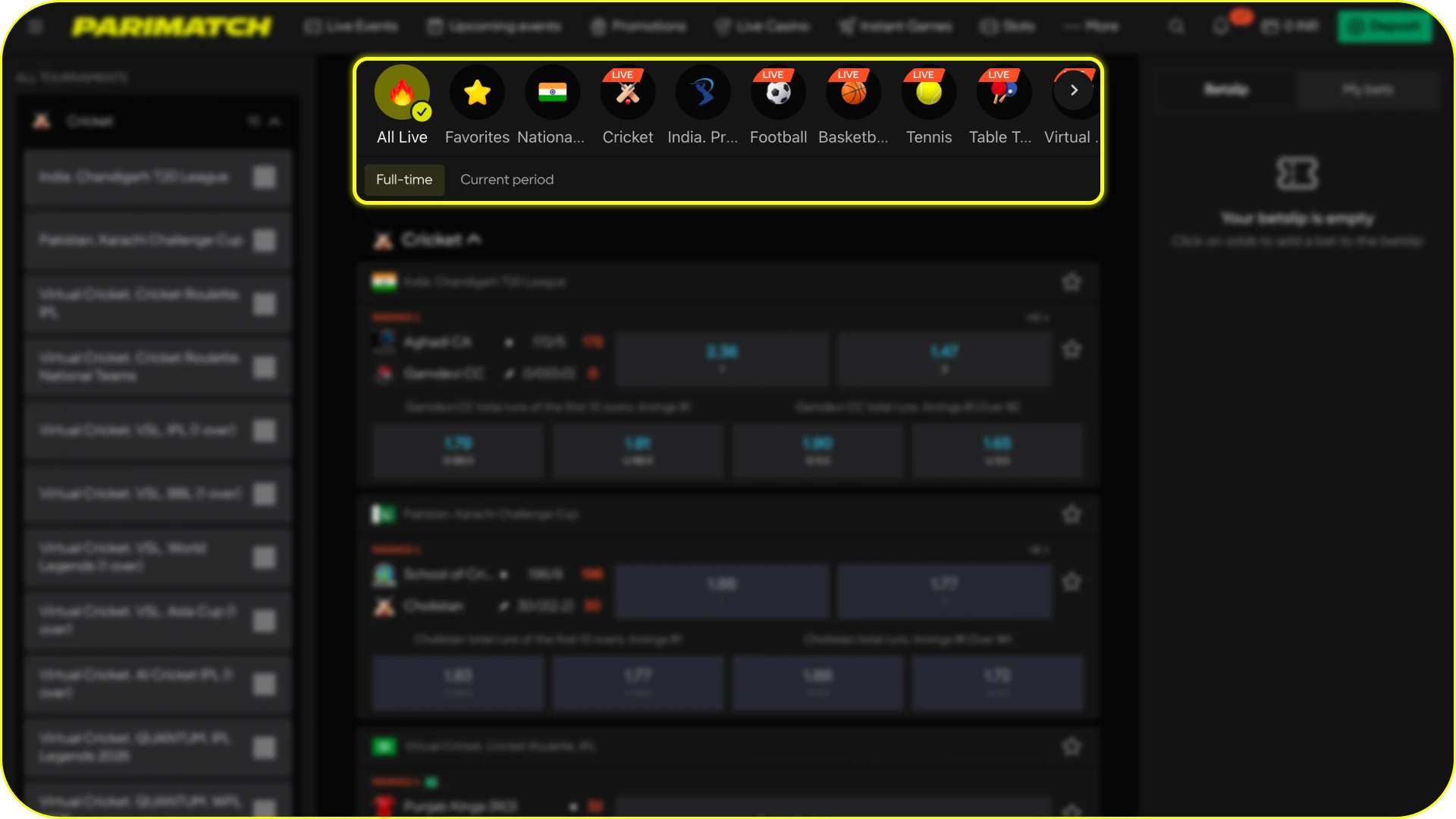 Select sports categories from the Parimatch betting menu to proceed.