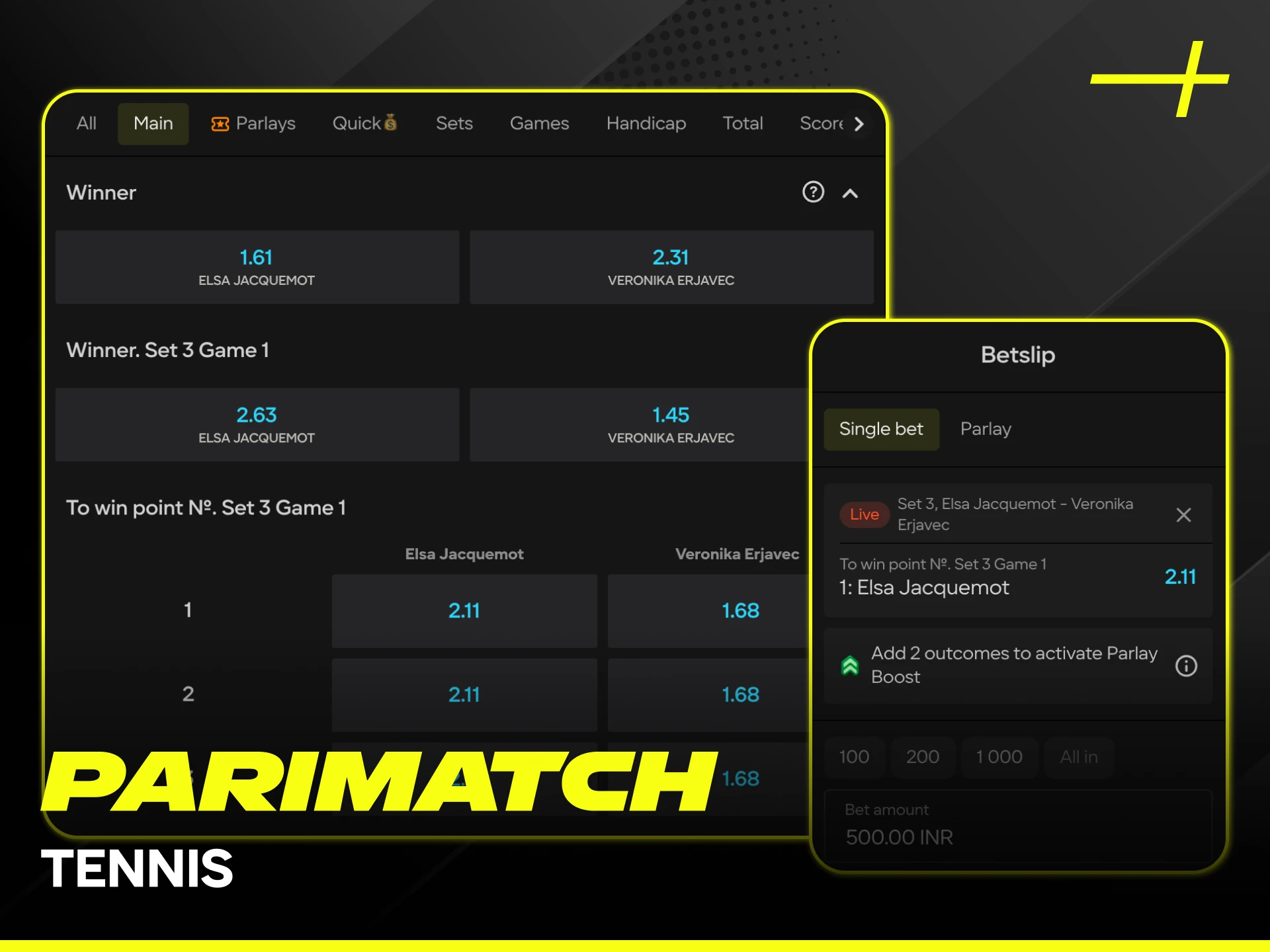 Enjoy competitive odds for tennis matches in the Parimatch sports section.