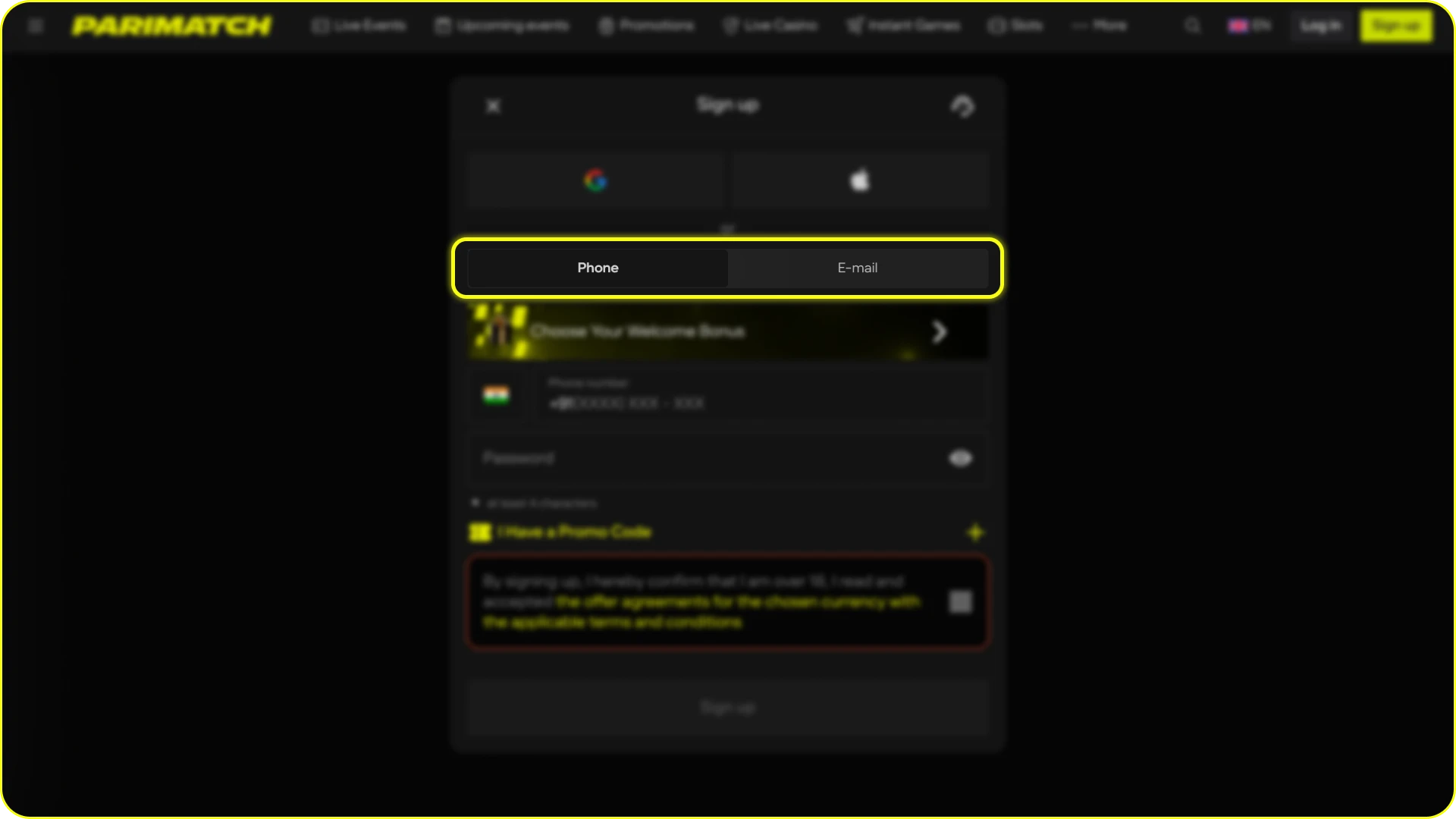 Select a convenient registration method to create your Parimatch account.
