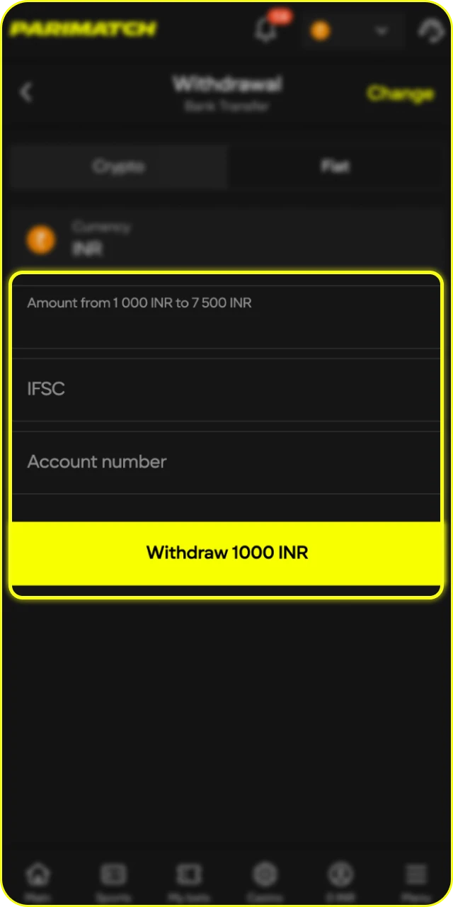 Enter amount and confirm your transaction in the Parimatch India App.