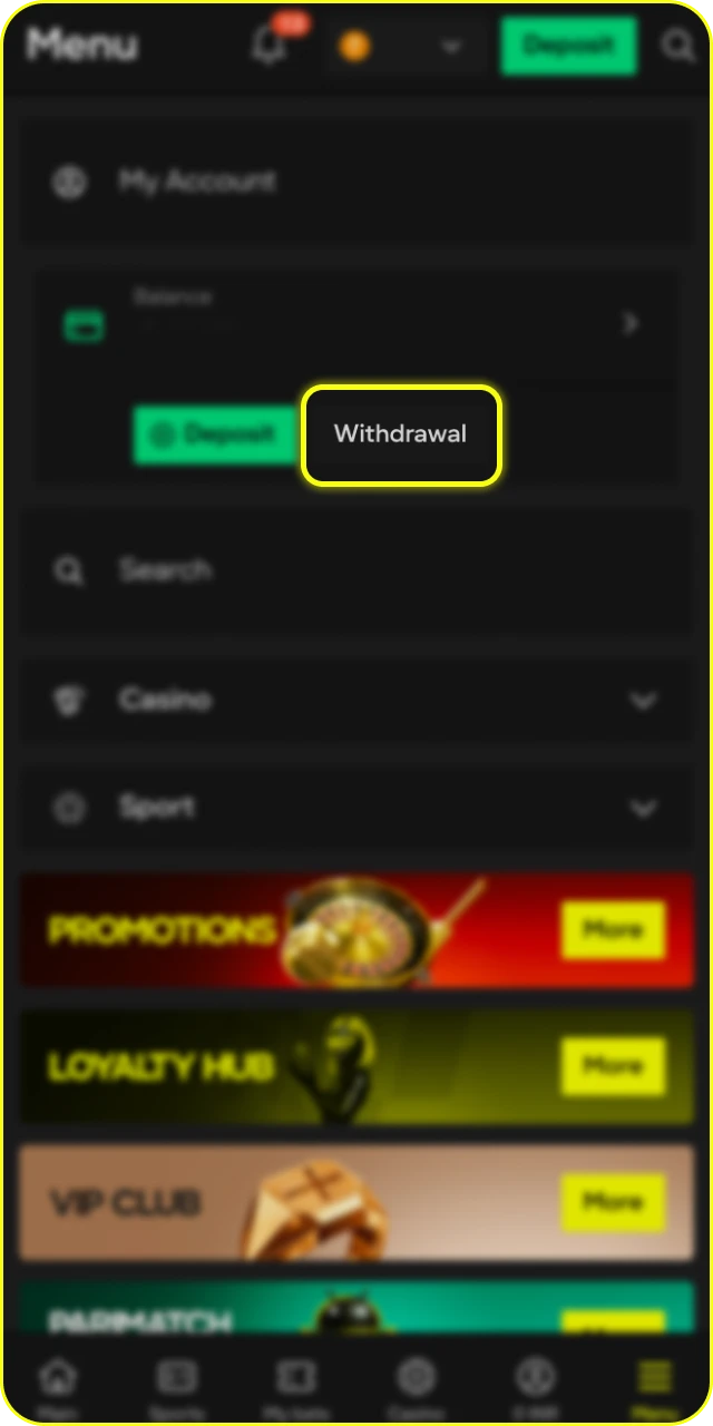 Access the withdrawal menu within the Parimatch India App interface.