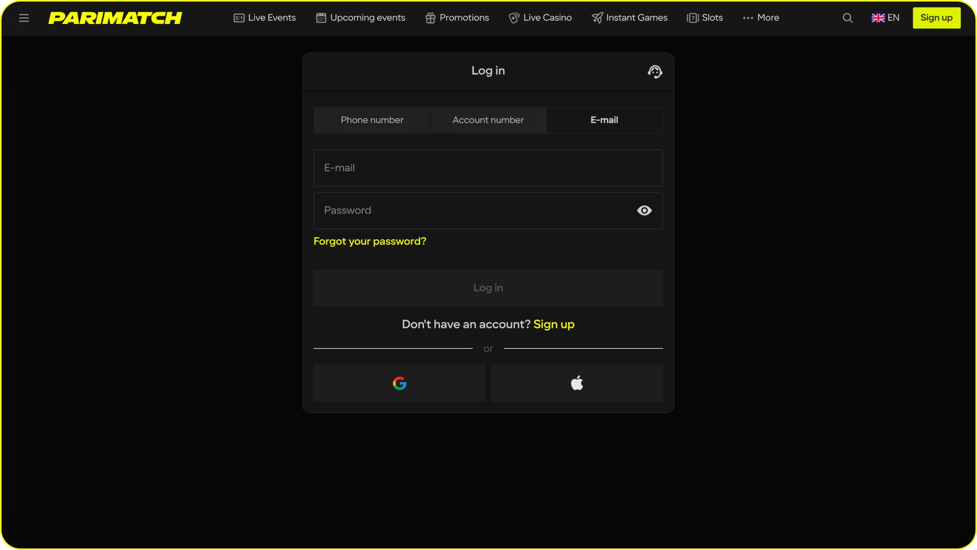 Log in to your account on the official Parimatch site.
