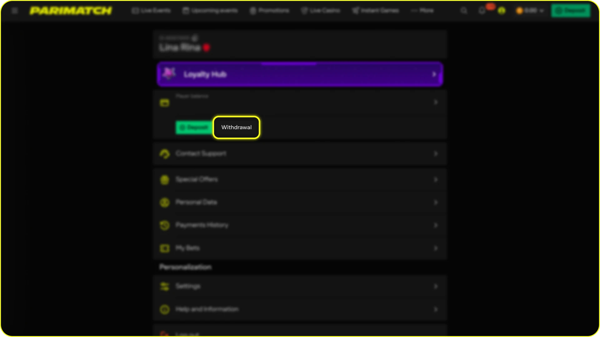 Go to the withdrawal section in your personal Parimatch profile.