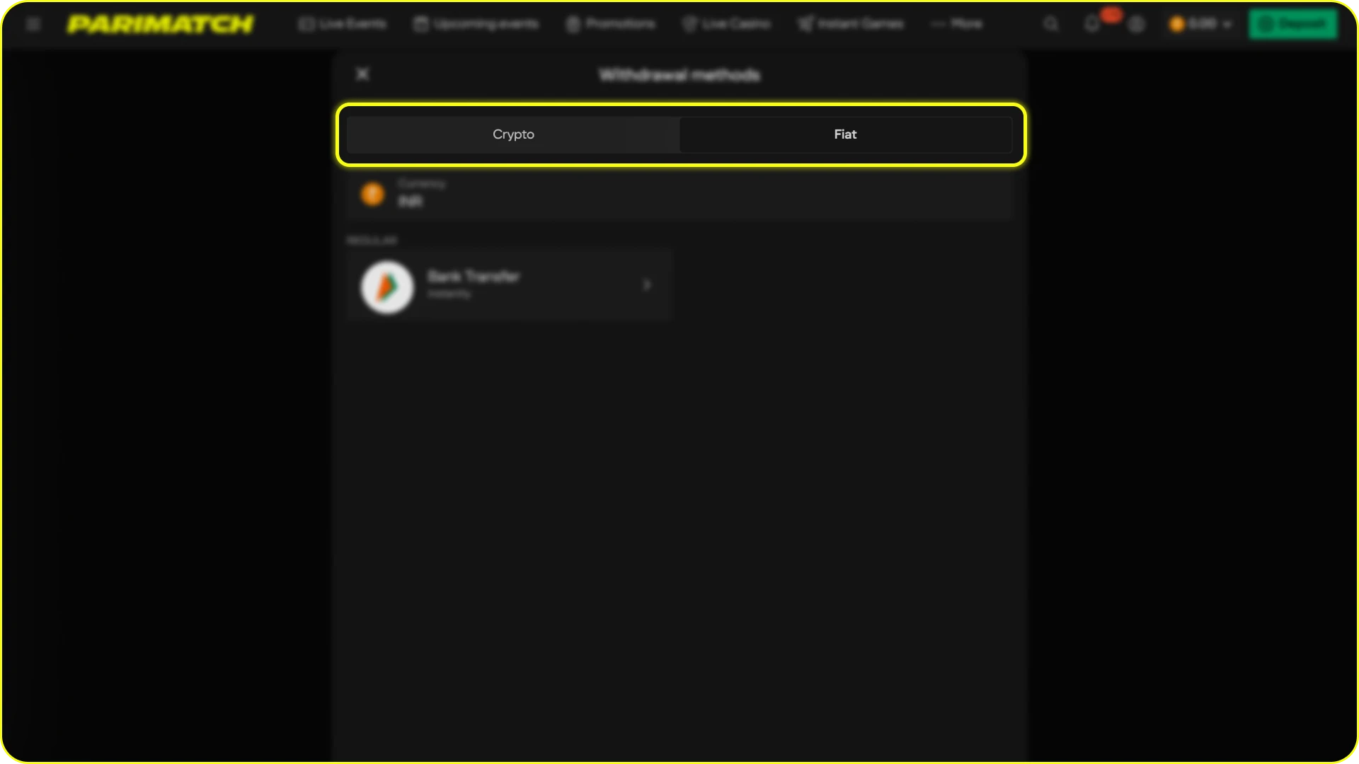 Select your payment method to receive money from Parimatch.